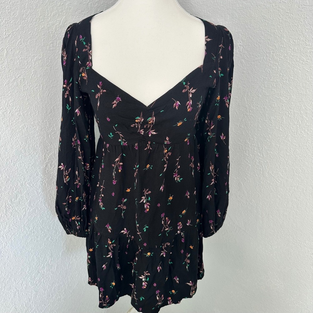 AFRM Women's Black Noir Rose Garden Ruched Long‎ Sleeve Floral Mini Dress XS